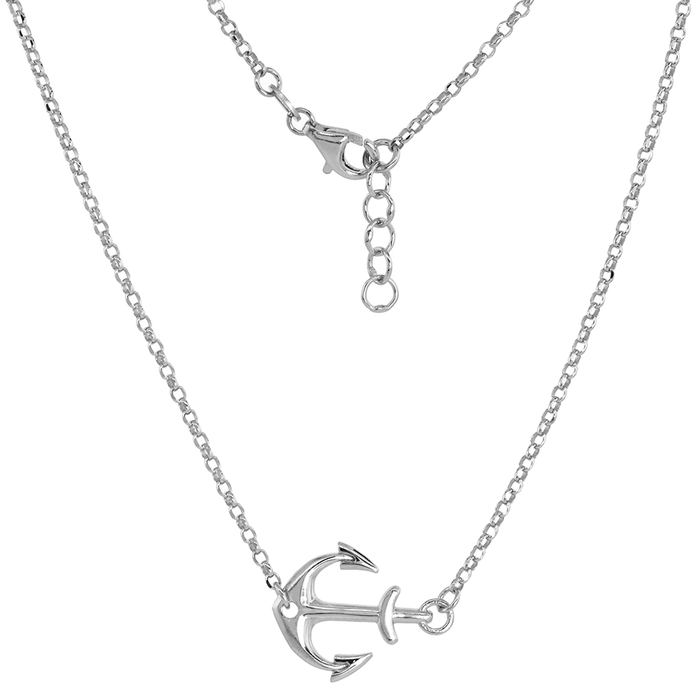 STERLING SILVER SIDEWAYS ANCHOR NECKLACE AND BRACELET RHODIUM FINISH ITALY 3/4 INCH