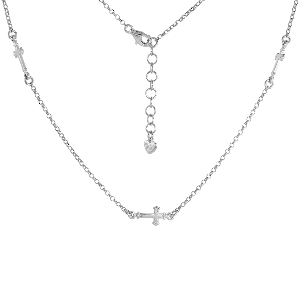 STERLING SILVER TINY SIDEWAYS CROSS BRACELET / ANKLET FOR WOMEN RHODIUM FINISH ITALY 7-9 INCHES