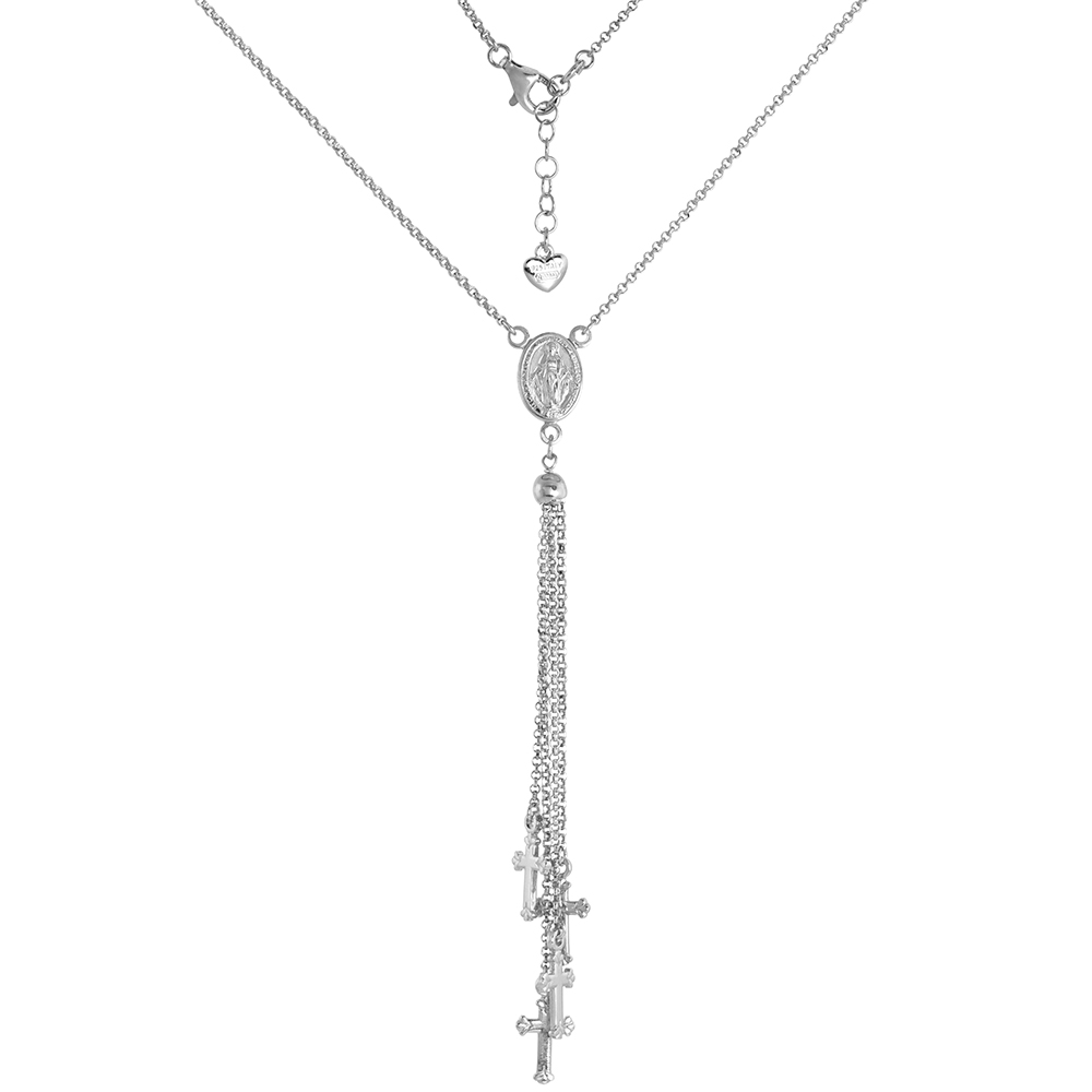 Sterling Silver Tiny Cross &amp; Miraculous Medal Necklace and Bracelet Rhodium Finish Italy 3/4 inch