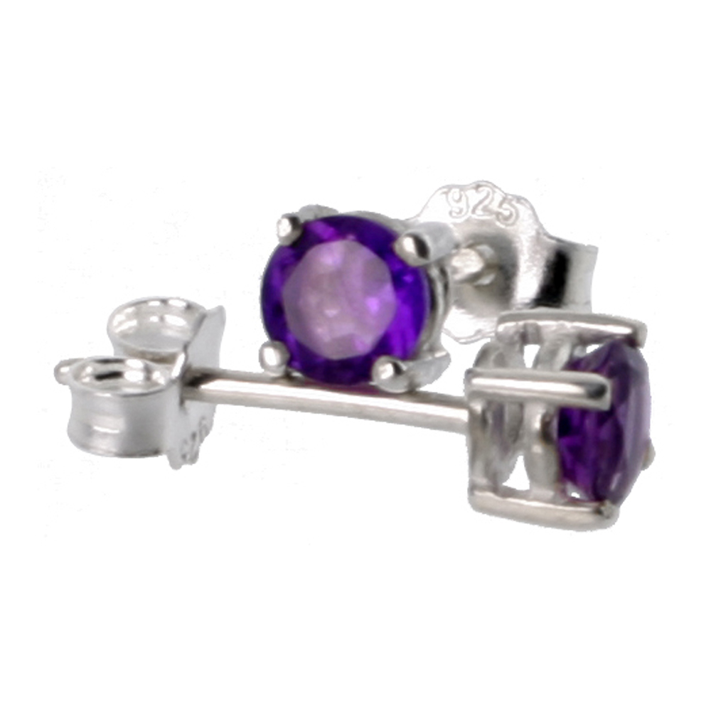 FEBRUARY BIRTHSTONE, NATURAL AMETHYST 1/4 CARAT (4 MM) SIZE BRILLIANT CUT STUD EARRINGS IN STERLING SILVER BASKET SETTING