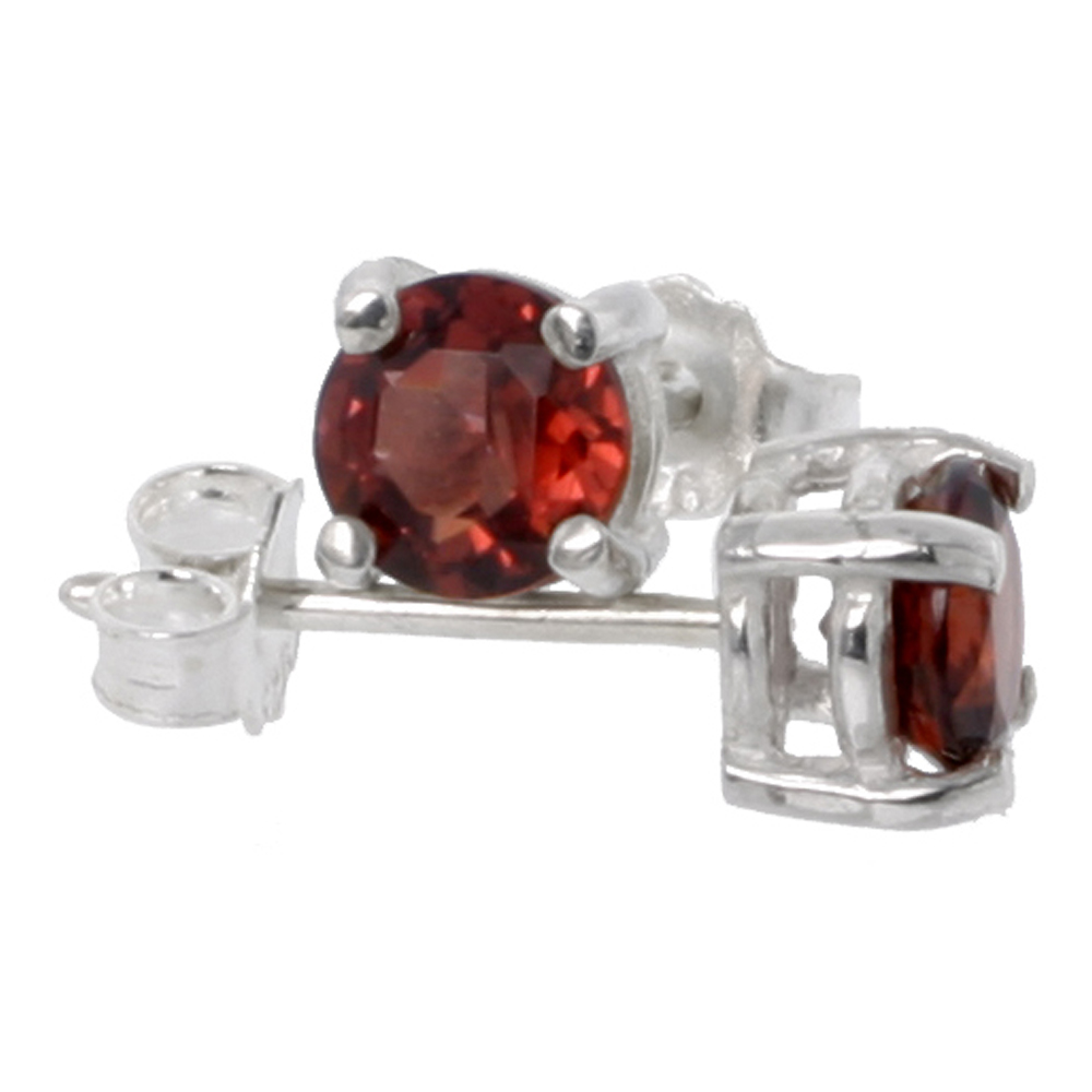 JANUARY BIRTHSTONE, NATURAL GARNET 1/2 CARAT (5 MM) SIZE BRILLIANT CUT STUD EARRINGS IN STERLING SILVER BASKET SETTING