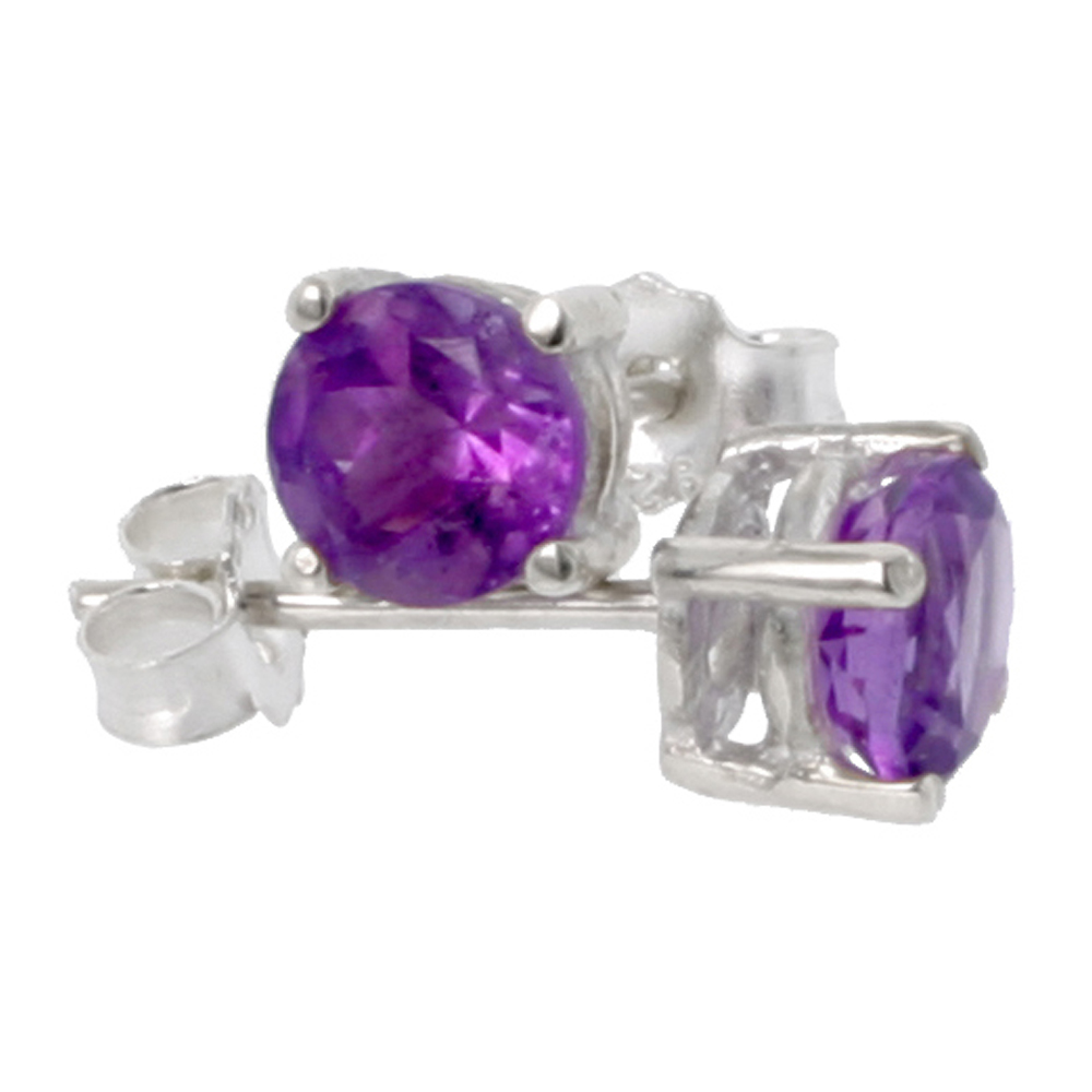 FEBRUARY BIRTHSTONE, NATURAL AMETHYST 1/2 CARAT (5 MM) SIZE BRILLIANT CUT STUD EARRINGS IN STERLING SILVER BASKET SETTING