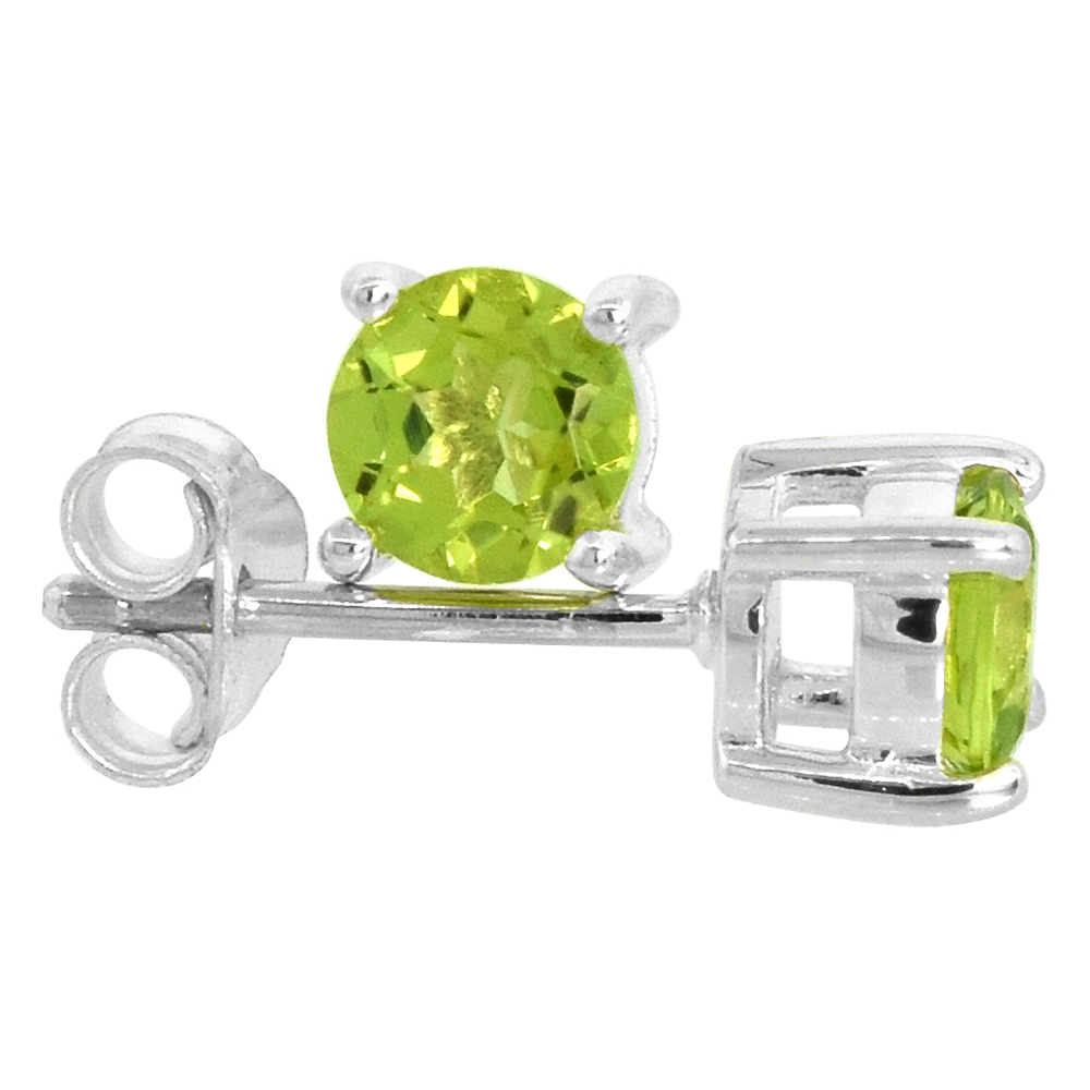 AUGUST BIRTHSTONE, NATURAL PERIDOT 1/2 CARAT (5 MM) SIZE BRILLIANT CUT STUD EARRINGS IN STERLING SILVER BASKET SETTING