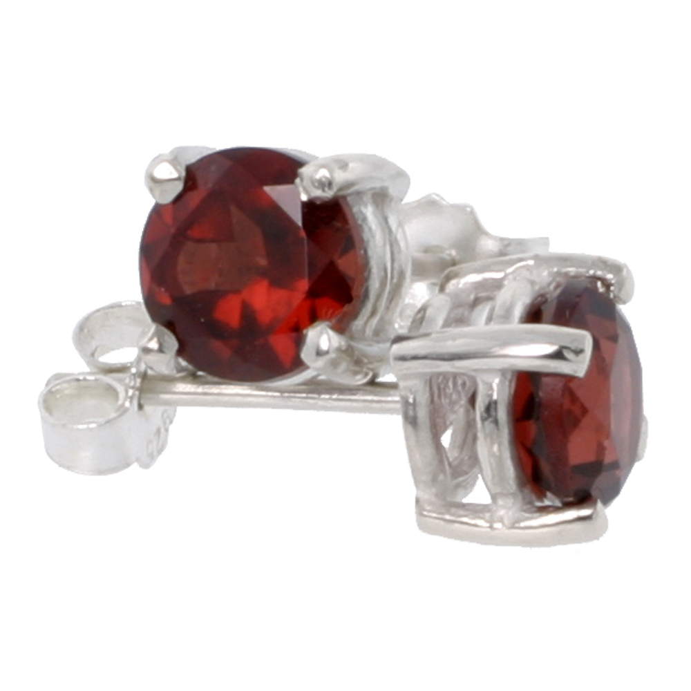 January Birthstone, Natural Garnet 1 Carat (6 mm) Size Brilliant Cut Stud Earrings in Sterling Silver Basket Setting