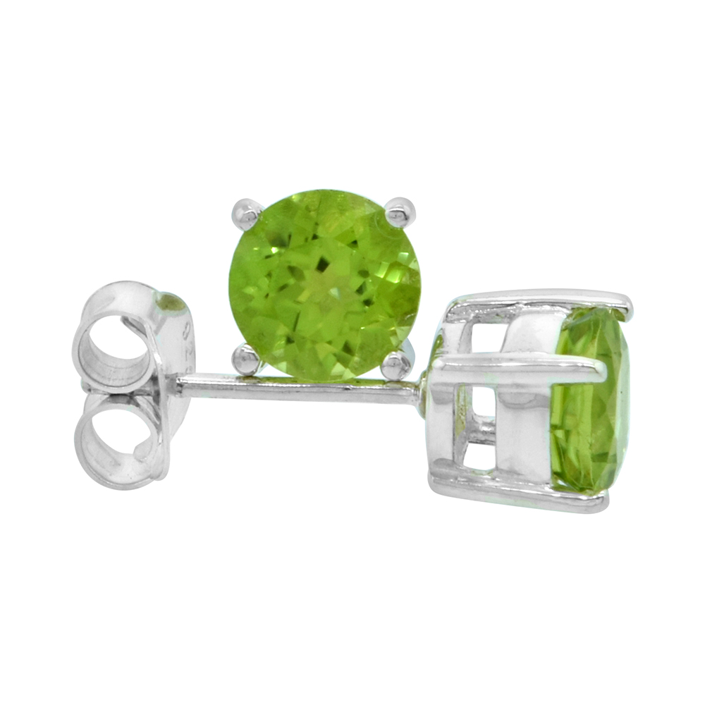 August Birthstone, Natural Peridot 1 Carat (6 mm) Size Brilliant Cut Stud Earrings in Sterling Silver Basket Setting