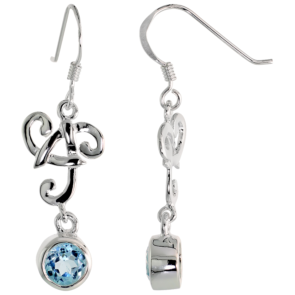 STERLING SILVER GENUINE BLUE TOPAZ TRIQUETRA EARRINGS CELTIC TRINITY KNOT, 1 1/2 INCH