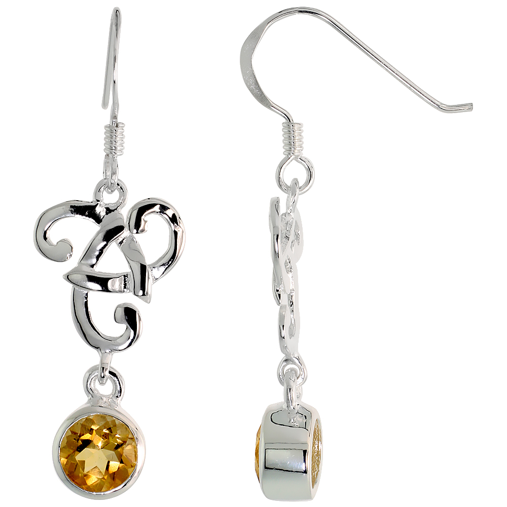 STERLING SILVER GENUINE CITRINE TRIQUETRA EARRINGS CELTIC TRINITY KNOT, 2 INCH
