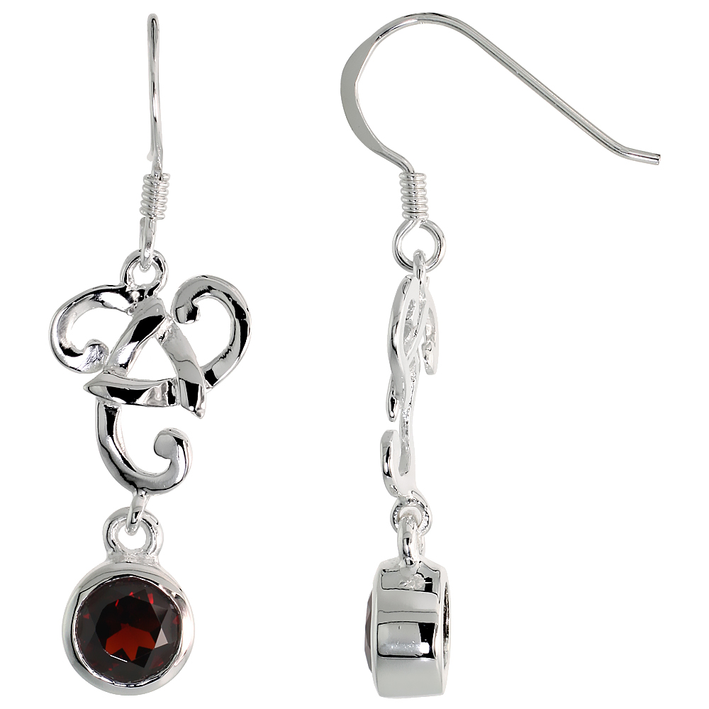 STERLING SILVER GENUINE GARNET TRIQUETRA EARRINGS CELTIC TRINITY KNOT, 2 INCH