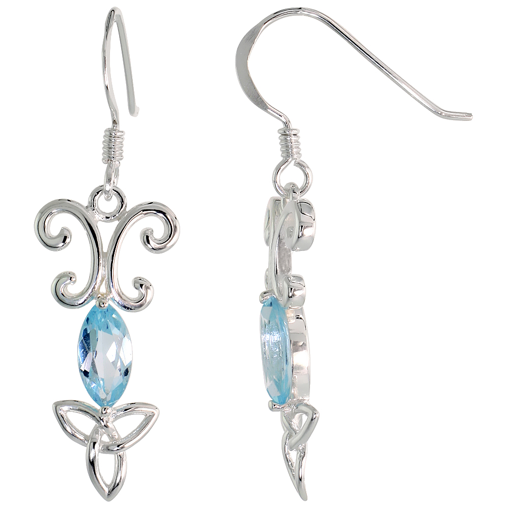 STERLING SILVER GENUINE BLUE TOPAZ TRIQUETRA EARRINGS CELTIC TRINITY KNOT, 1 3/8 INCH