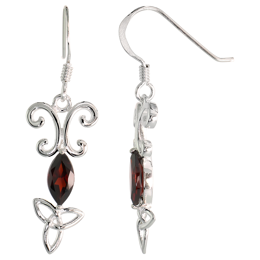 STERLING SILVER GENUINE GARNET TRIQUETRA EARRINGS CELTIC TRINITY KNOT, 1 3/8 INCH