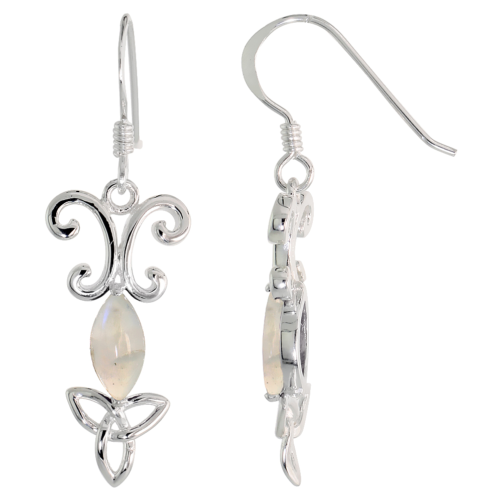 STERLING SILVER GENUINE MOONSTONE TRIQUETRA EARRINGS CELTIC TRINITY KNOT, 1 3/8 INCH