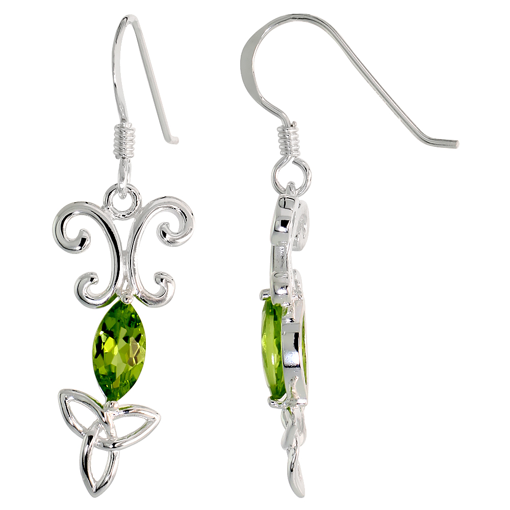 STERLING SILVER GENUINE PERIDOT TRIQUETRA EARRINGS CELTIC TRINITY KNOT, 1 3/8 INCH