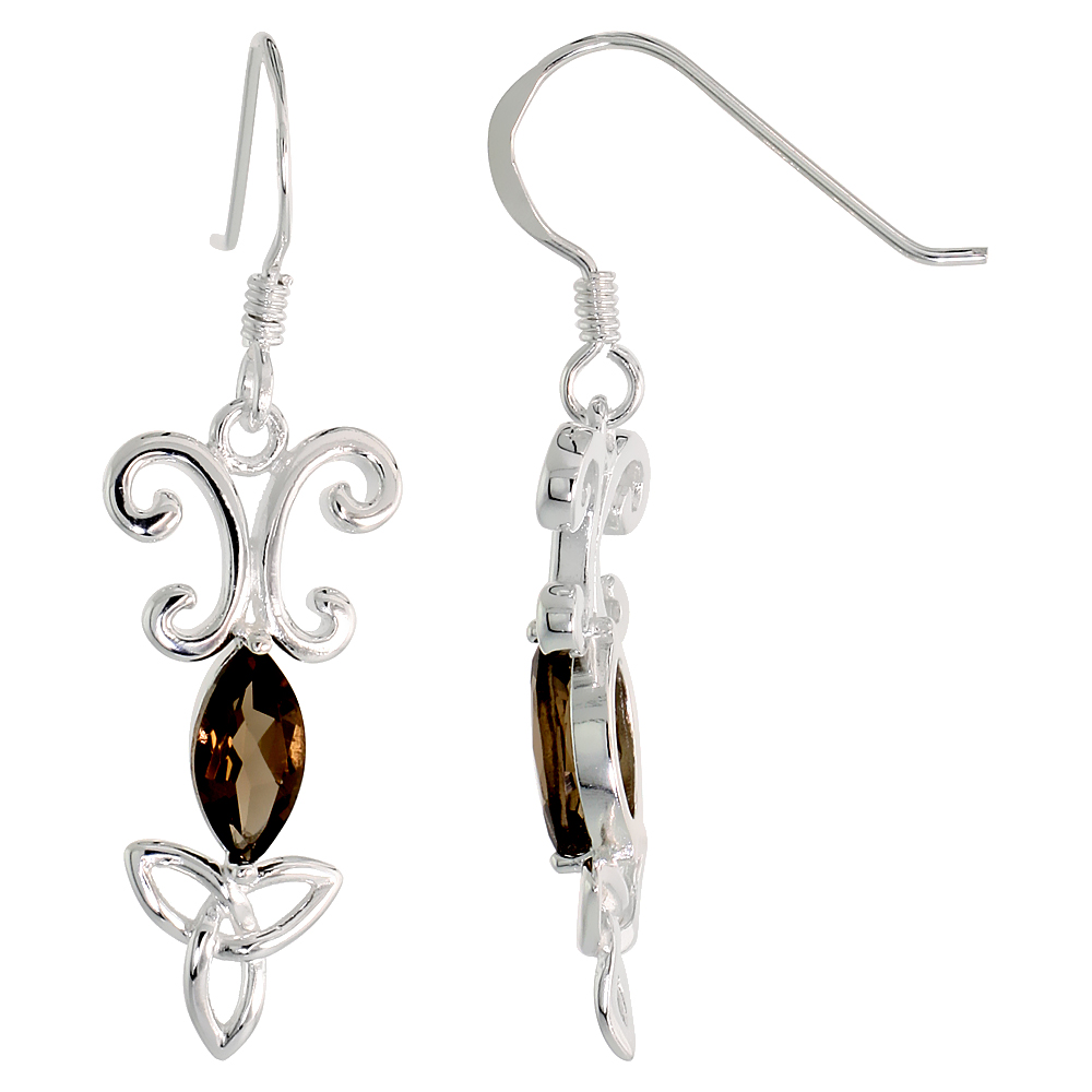 STERLING SILVER GENUINE SMOKY TOPAZ TRIQUETRA EARRINGS CELTIC TRINITY KNOT, 1 3/8 INCH
