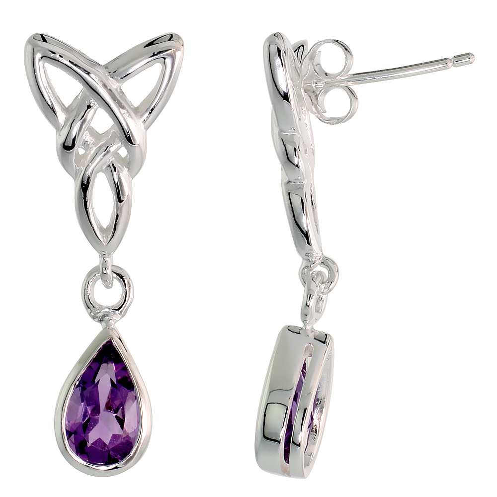 STERLING SILVER GENUINE AMETHYST TRIQUETRA EARRINGS CELTIC TRINITY KNOT TEARDROP, 1 1/4 INCH