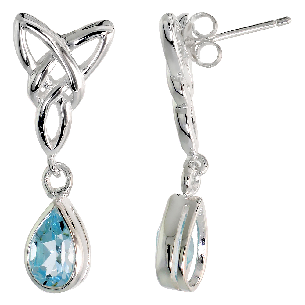 STERLING SILVER GENUINE BLUE TOPAZ TRIQUETRA EARRINGS CELTIC TRINITY KNOT TEARDROP, 1 1/4 INCH