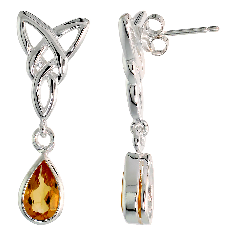 STERLING SILVER GENUINE CITRINE TRIQUETRA EARRINGS CELTIC TRINITY KNOT TEARDROP, 1 1/4 INCH