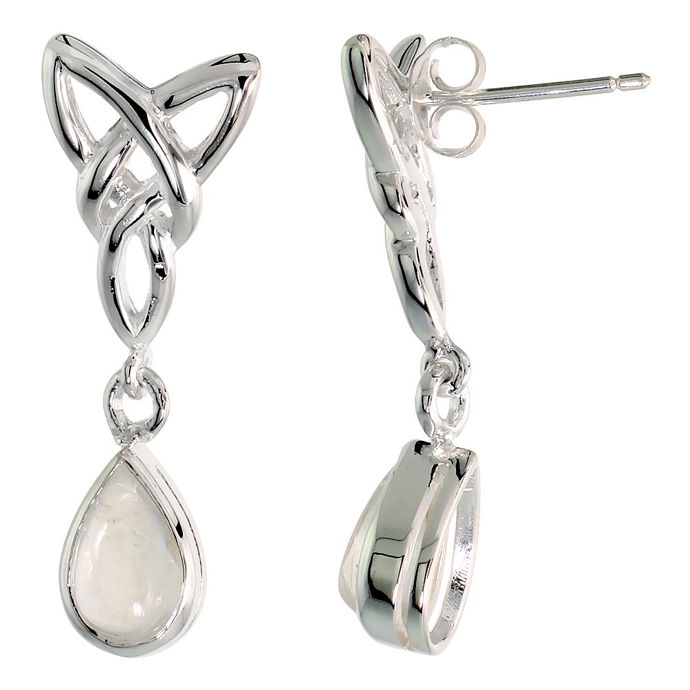 STERLING SILVER GENUINE MOONSTONE TRIQUETRA EARRINGS CELTIC TRINITY KNOT TEARDROP, 1 1/4 INCH
