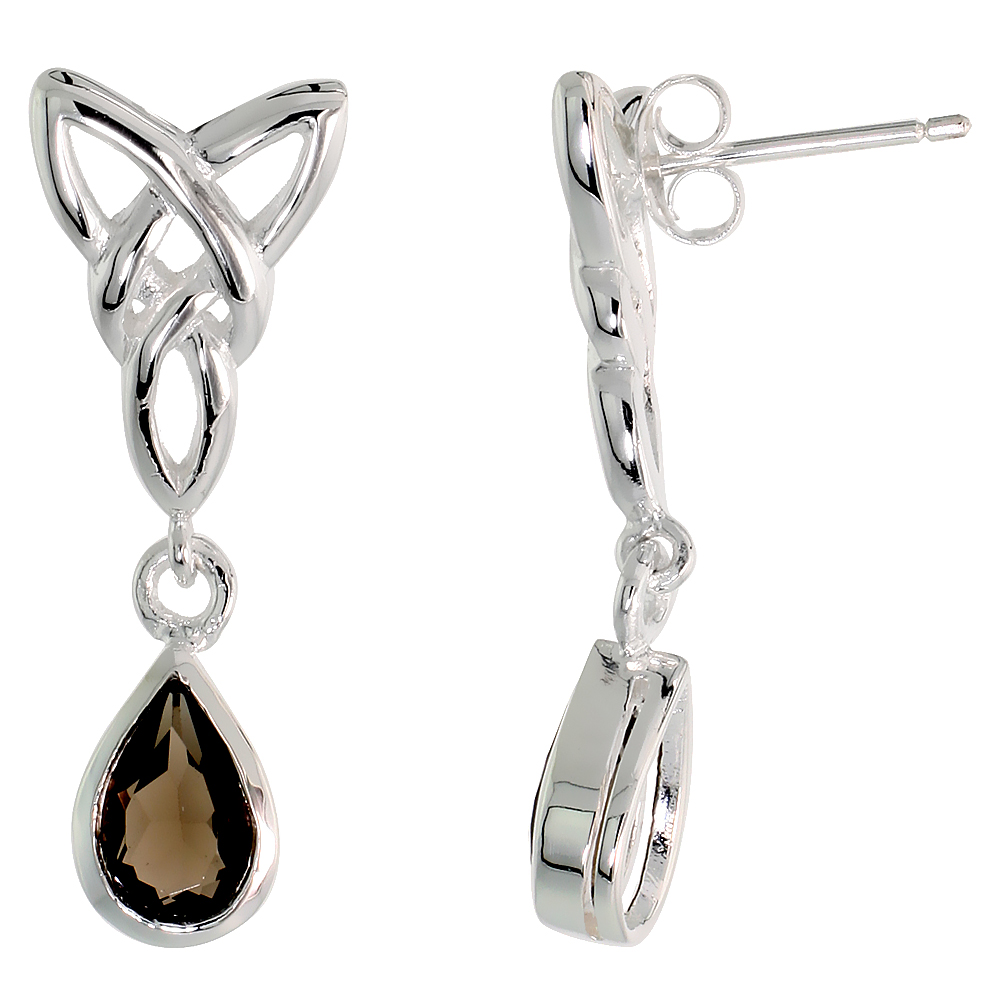 STERLING SILVER GENUINE SMOKY TOPAZ TRIQUETRA EARRINGS CELTIC TRINITY KNOT TEARDROP, 1 1/4 INCH