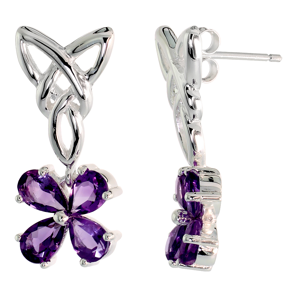 STERLING SILVER GENUINE AMETHYST TRIQUETRA EARRINGS CELTIC TRINITY KNOT 4 LEAF CLOVER, 1 INCH