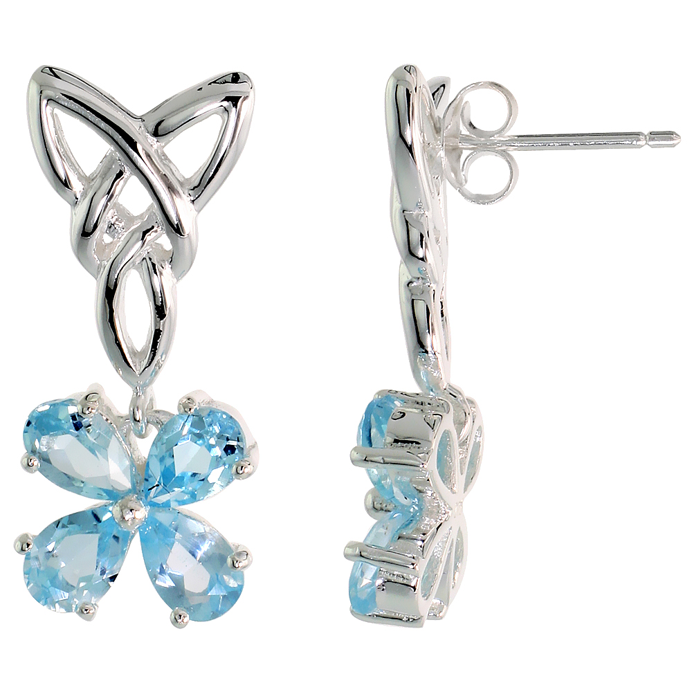 STERLING SILVER GENUINE BLUE TOPAZ TRIQUETRA EARRINGS CELTIC TRINITY KNOT 4 LEAF CLOVER, 1 INCH