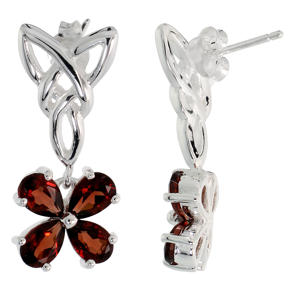 STERLING SILVER GENUINE GARNET TRIQUETRA EARRINGS CELTIC TRINITY KNOT 4 LEAF CLOVER, 1 INCH