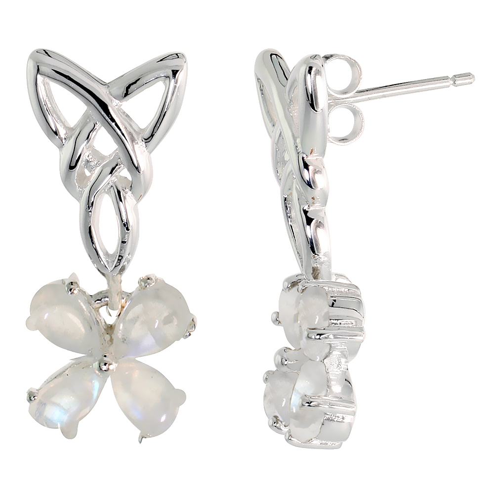 STERLING SILVER GENUINE MOONSTONE TRIQUETRA EARRINGS CELTIC TRINITY KNOT 4 LEAF CLOVER, 1 INCH