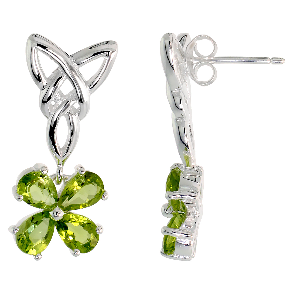 STERLING SILVER GENUINE PERIDOT TRIQUETRA EARRINGS CELTIC TRINITY KNOT 4 LEAF CLOVER, 1 INCH