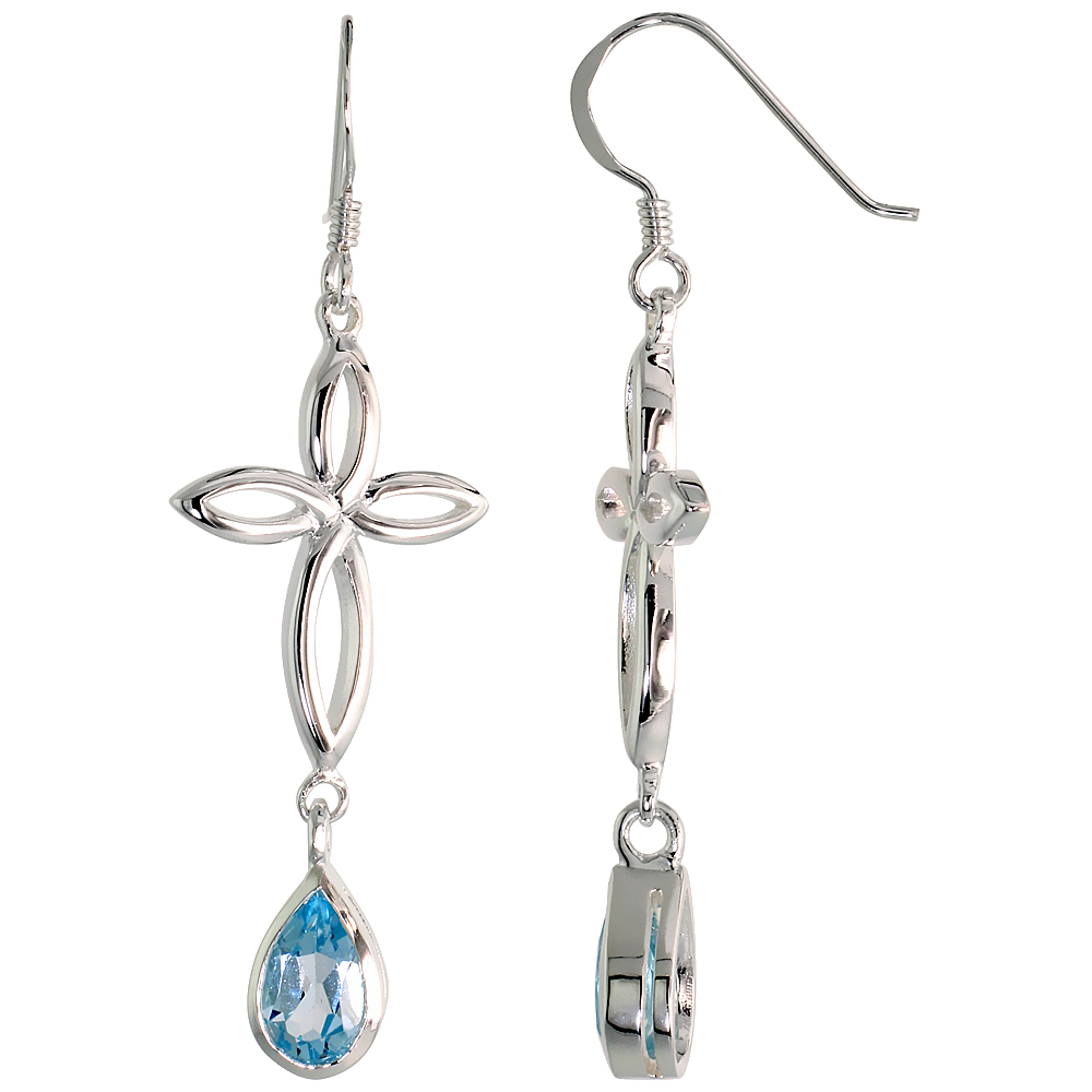 STERLING SILVER GENUINE BLUE TOPAZ CELTIC CROSS KNOT EARRINGS TEARDROP, 2 INCH