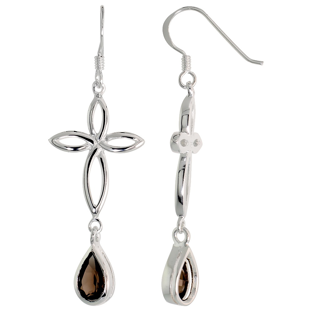 STERLING SILVER GENUINE SMOKY TOPAZ CELTIC CROSS KNOT EARRINGS TEARDROP, 2 INCH