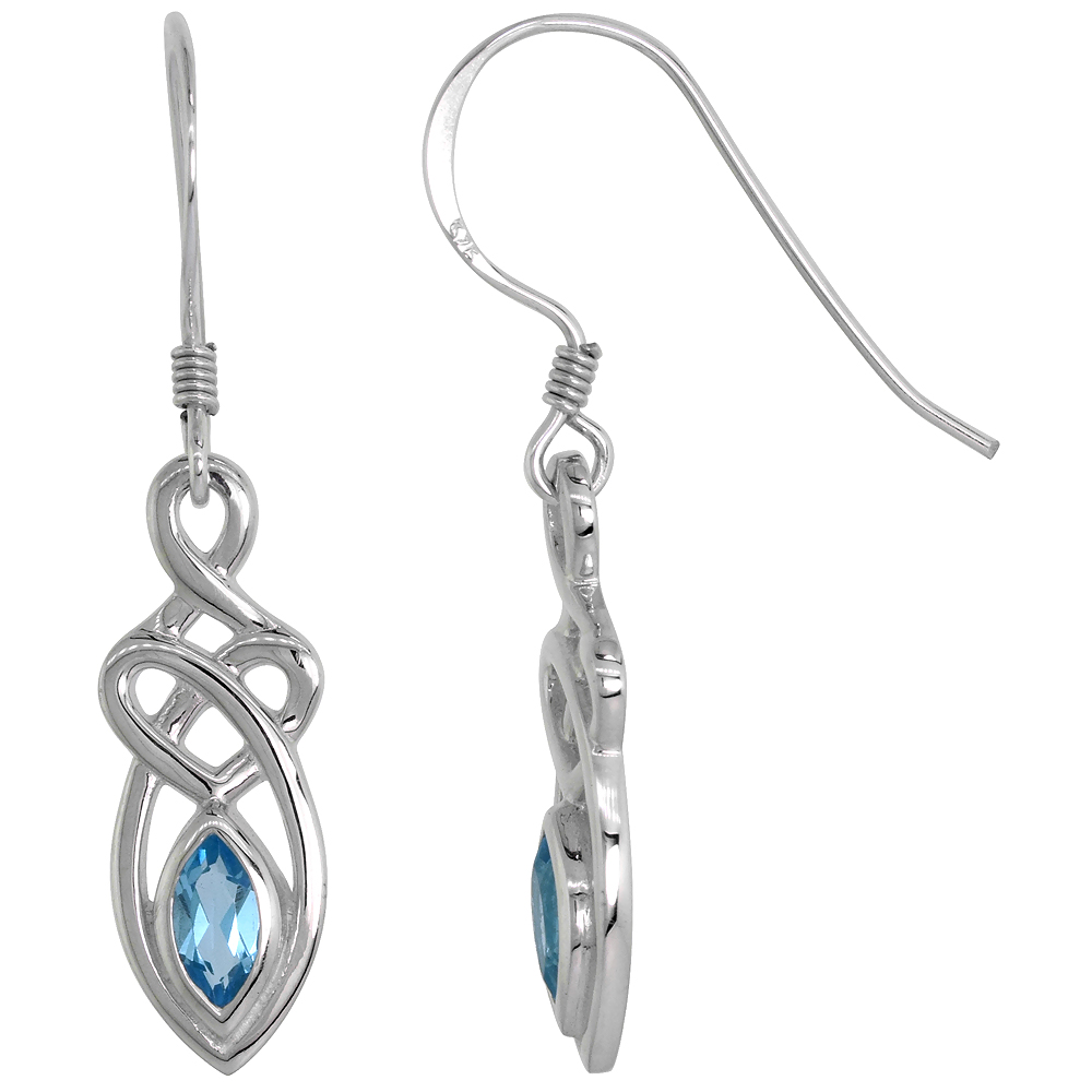 STERLING SILVER GENUINE BLUE TOPAZ CELTIC MOTHERHOOD KNOT EARRINGS, 1 1/4 INCH