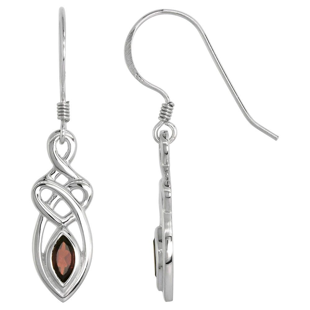STERLING SILVER GENUINE GARNET CELTIC MOTHERHOOD KNOT EARRINGS, 1 1/4 INCH