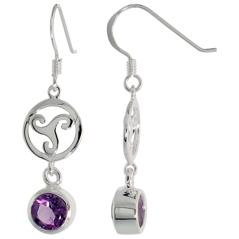 STERLING SILVER GENUINE AMETHYST CELTIC TRISKELION EARRINGS, 1 1/2 INCH