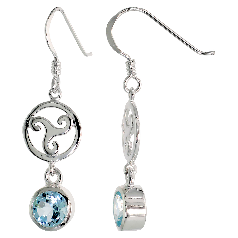 STERLING SILVER GENUINE BLUE TOPAZ CELTIC TRISKELION EARRINGS, 1 1/2 INCH