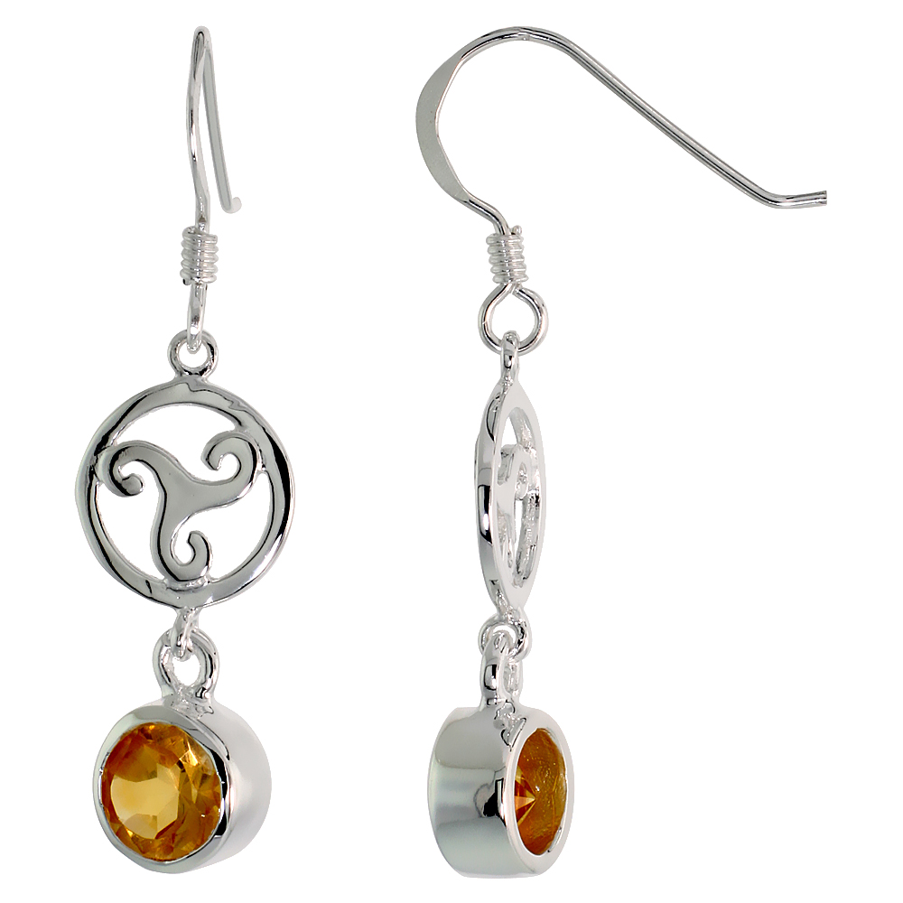 STERLING SILVER GENUINE CITRINE CELTIC TRISKELION EARRINGS, 2 INCH