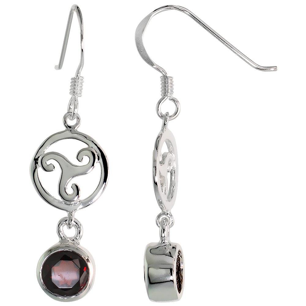 STERLING SILVER GENUINE GARNET CELTIC TRISKELION EARRINGS, 2 INCH