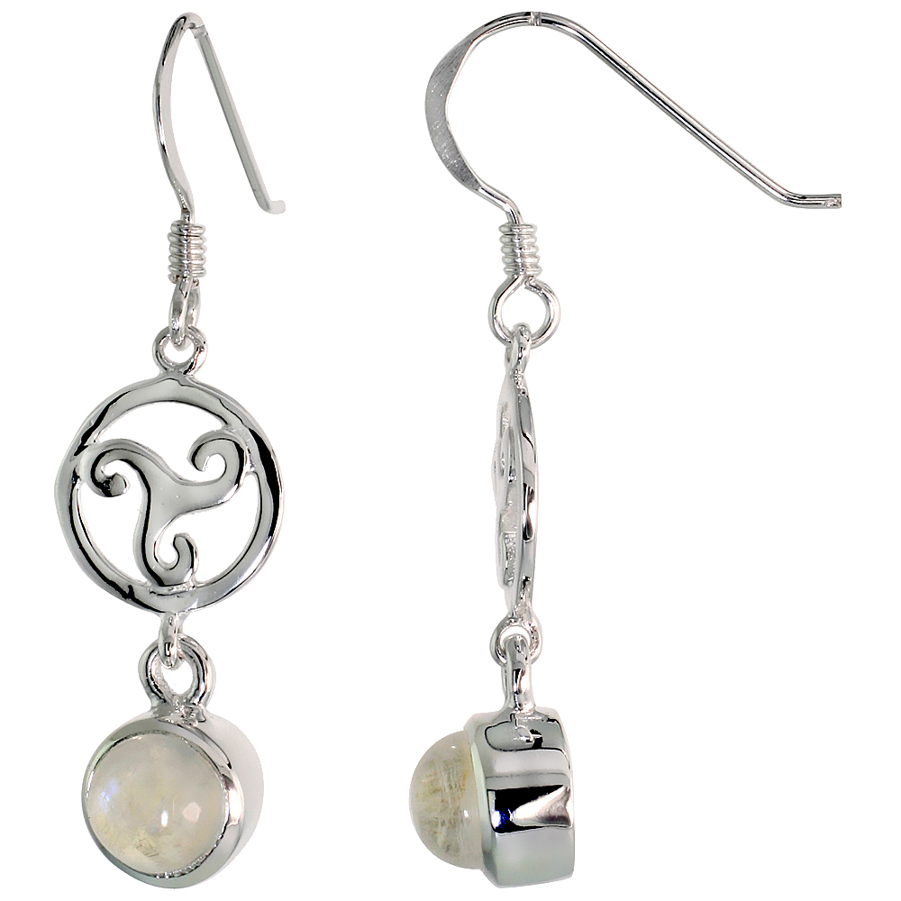 STERLING SILVER GENUINE MOONSTONE CELTIC TRISKELION EARRINGS, 1 1/2 INCH