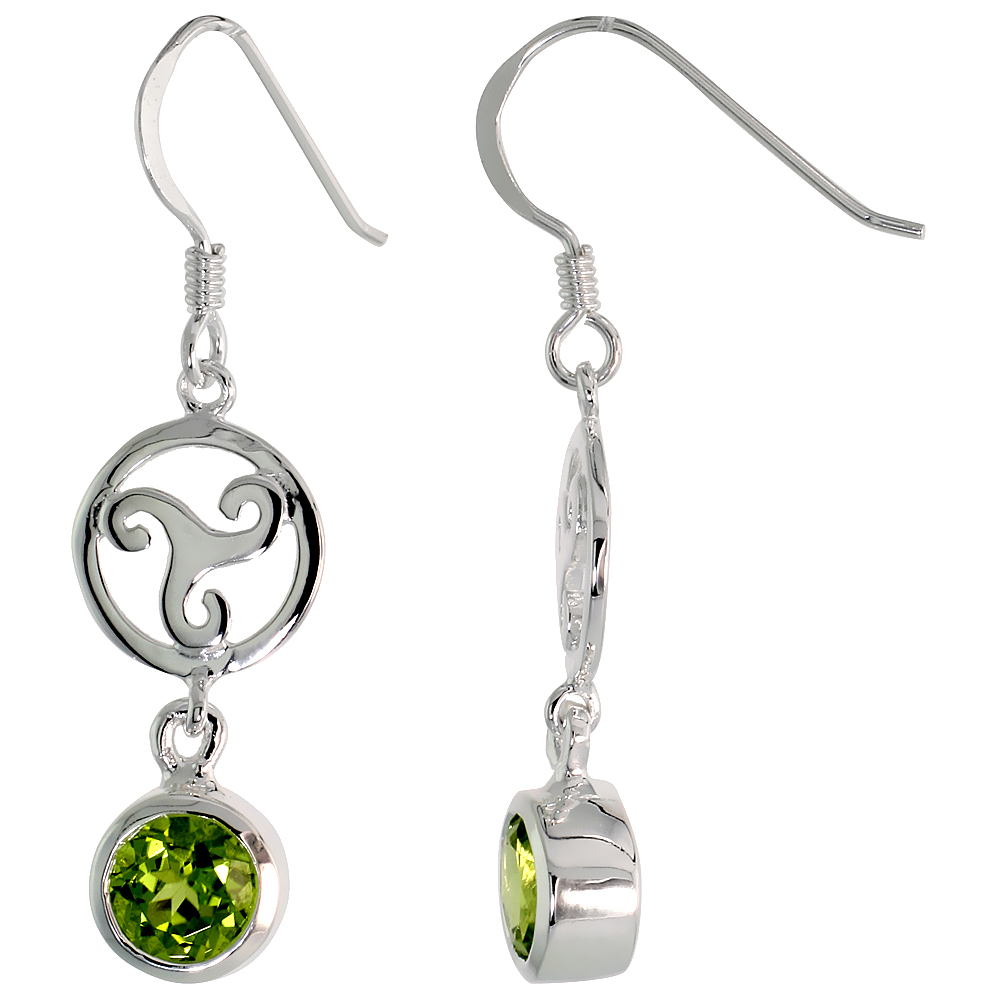 STERLING SILVER GENUINE PERIDOT CELTIC TRISKELION EARRINGS, 1 1/2 INCH
