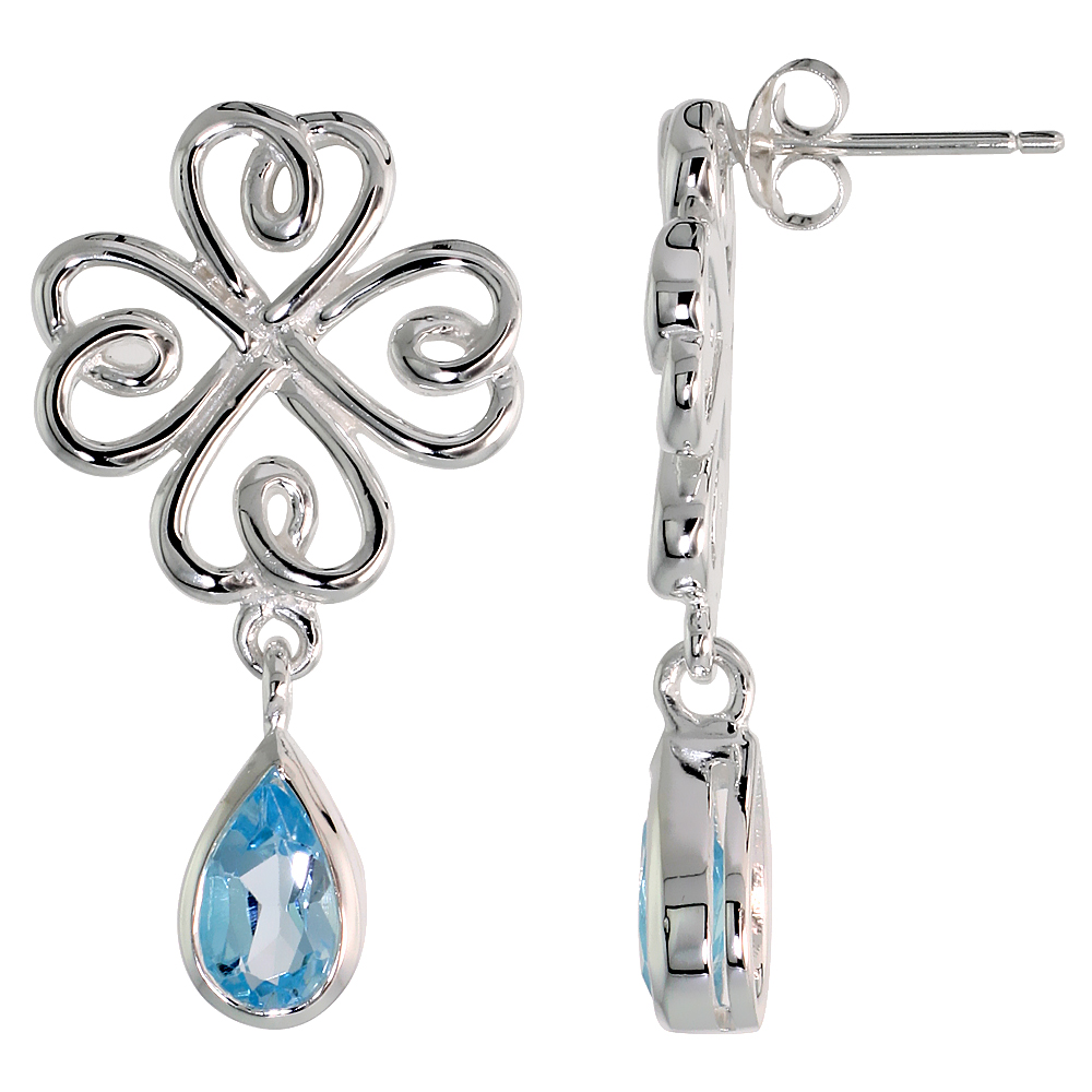 STERLING SILVER GENUINE BLUE TOPAZ CELTIC 4 LEAF CLOVER EARRINGS TEARDROP, 1 1/4 INCH