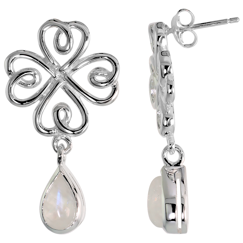 STERLING SILVER GENUINE MOONSTONE CELTIC 4 LEAF CLOVER EARRINGS TEARDROP, 1 1/4 INCH