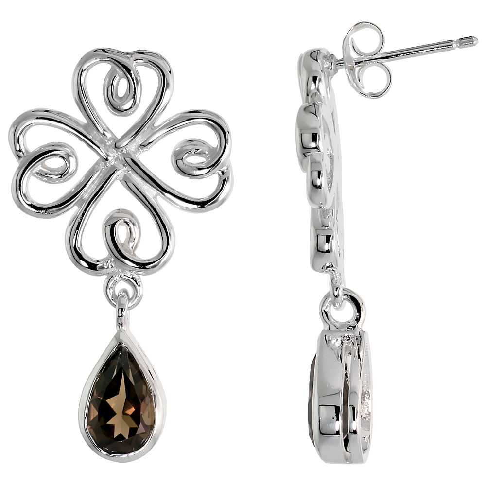 STERLING SILVER GENUINE SMOKY TOPAZ CELTIC 4 LEAF CLOVER EARRINGS TEARDROP, 1 1/4 INCH