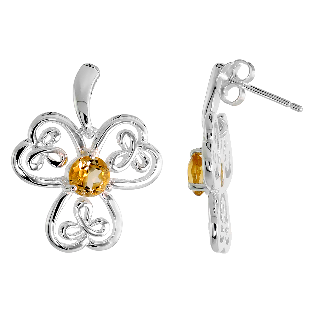 STERLING SILVER GENUINE CITRINE CELTIC SHAMROCK EARRINGS LARGE, 7/8 INCH