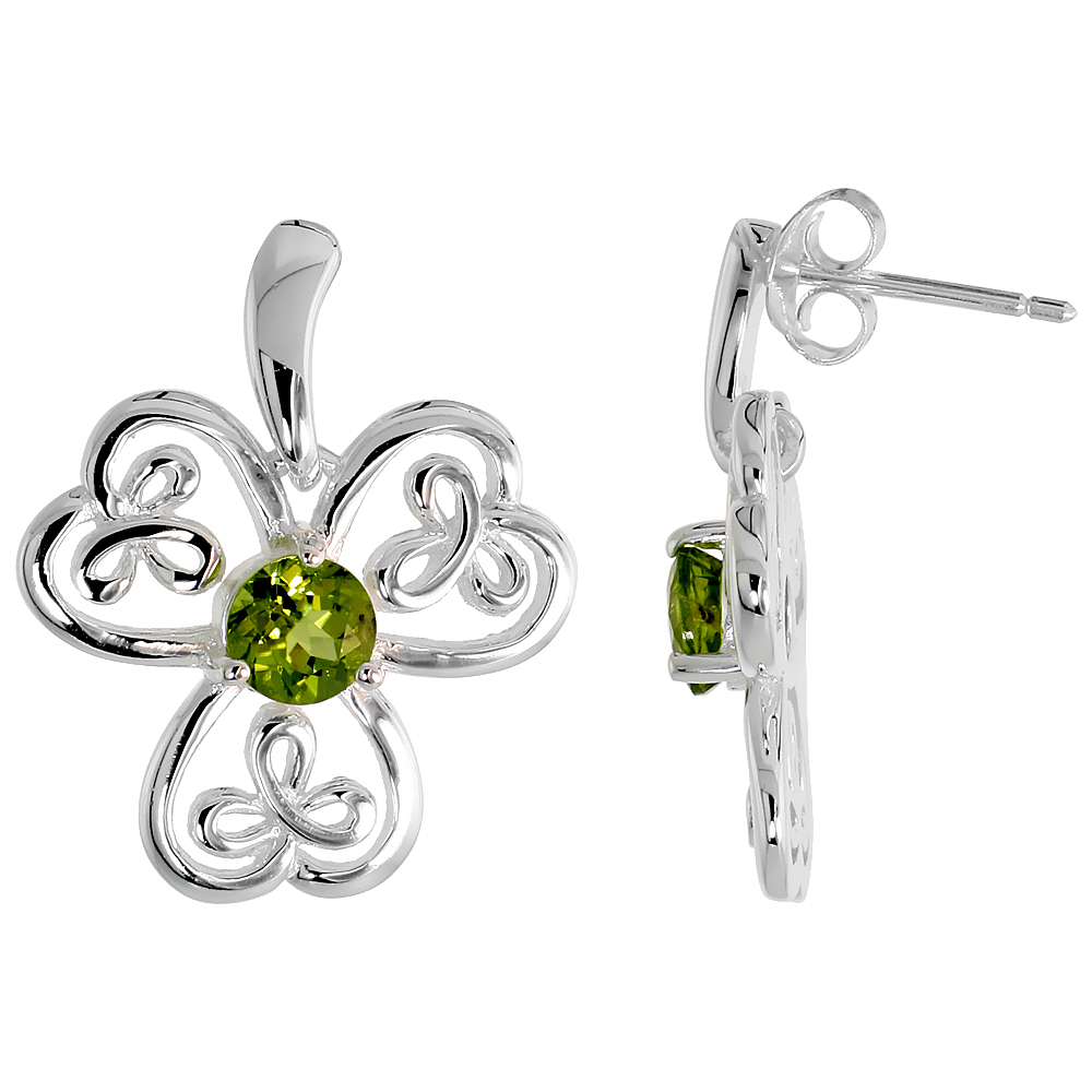 STERLING SILVER GENUINE PERIDOT CELTIC SHAMROCK EARRINGS LARGE, 7/8 INCH