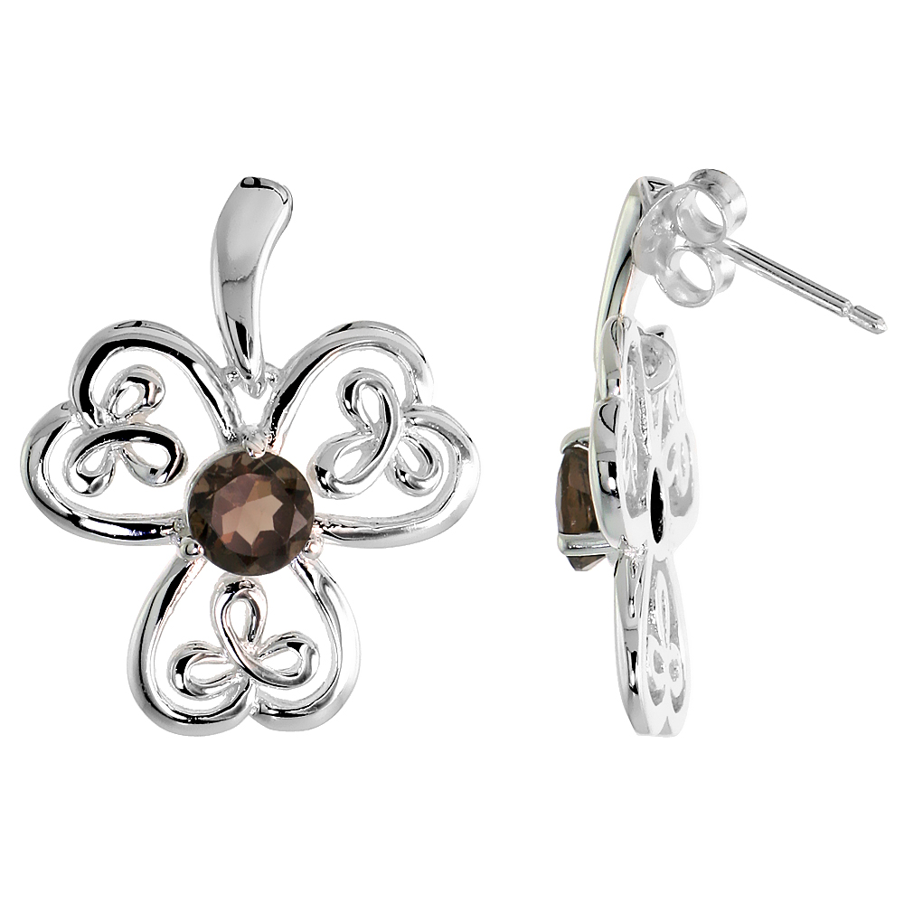 STERLING SILVER GENUINE SMOKY TOPAZ CELTIC SHAMROCK EARRINGS LARGE, 7/8 INCH