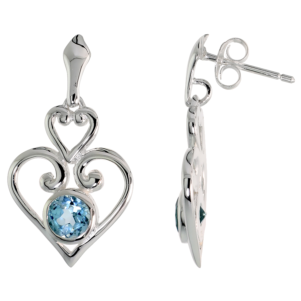 STERLING SILVER GENUINE BLUE TOPAZ SCROLL HEART EARRINGS, 1 INCH