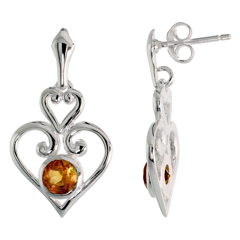 STERLING SILVER GENUINE CITRINE SCROLL HEART EARRINGS, 1 INCH