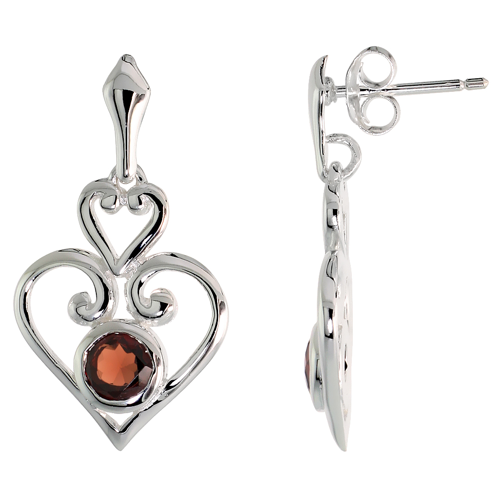 STERLING SILVER GENUINE GARNET SCROLL HEART EARRINGS, 1 INCH