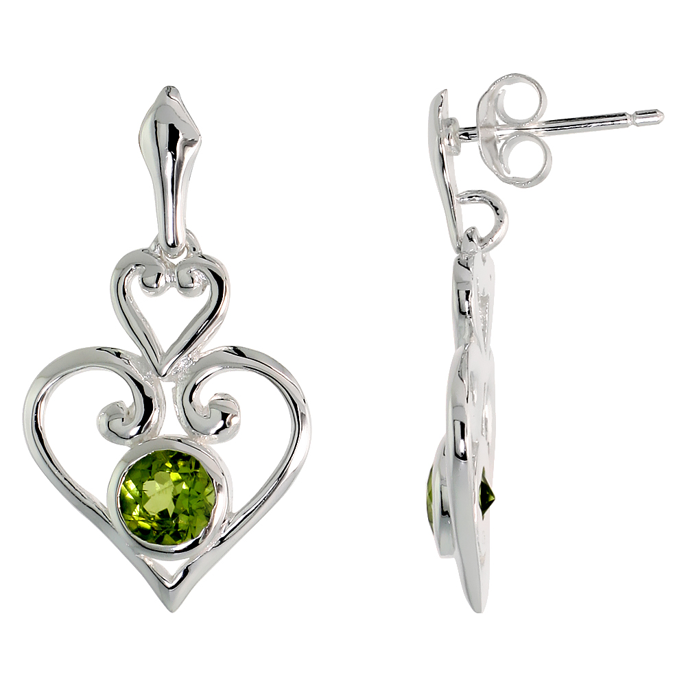 STERLING SILVER GENUINE PERIDOT SCROLL HEART EARRINGS, 1 INCH
