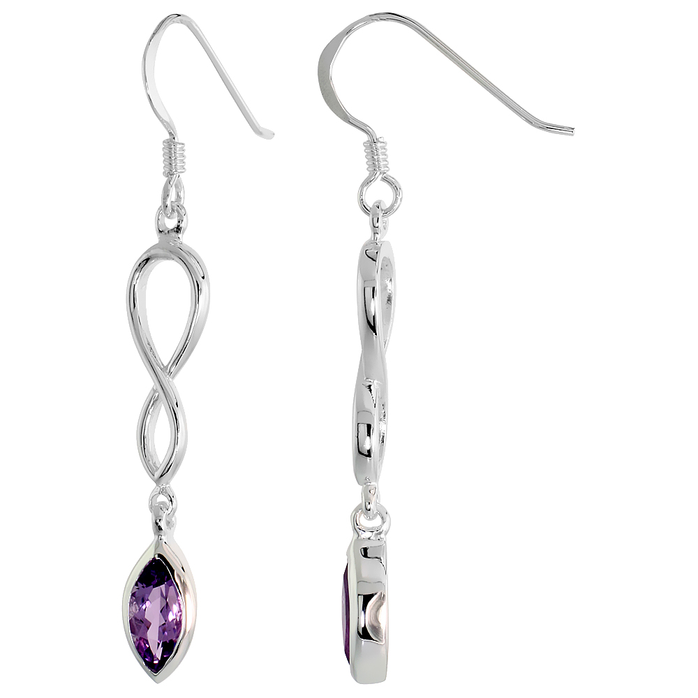STERLING SILVER GENUINE AMETHYST INFINITY SYMBOL EARRINGS TEARDROP, 1 3/4 INCH