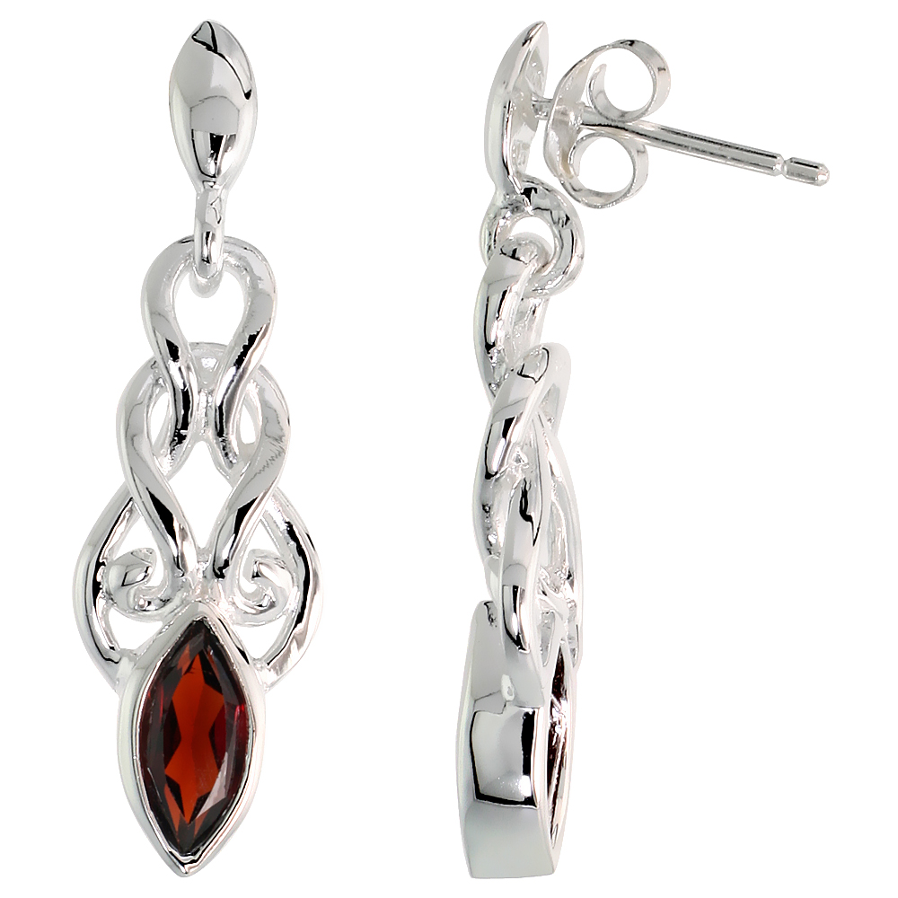 STERLING SILVER GENUINE GARNET CELTIC KNOT EARRINGS, 1 1/4 INCH