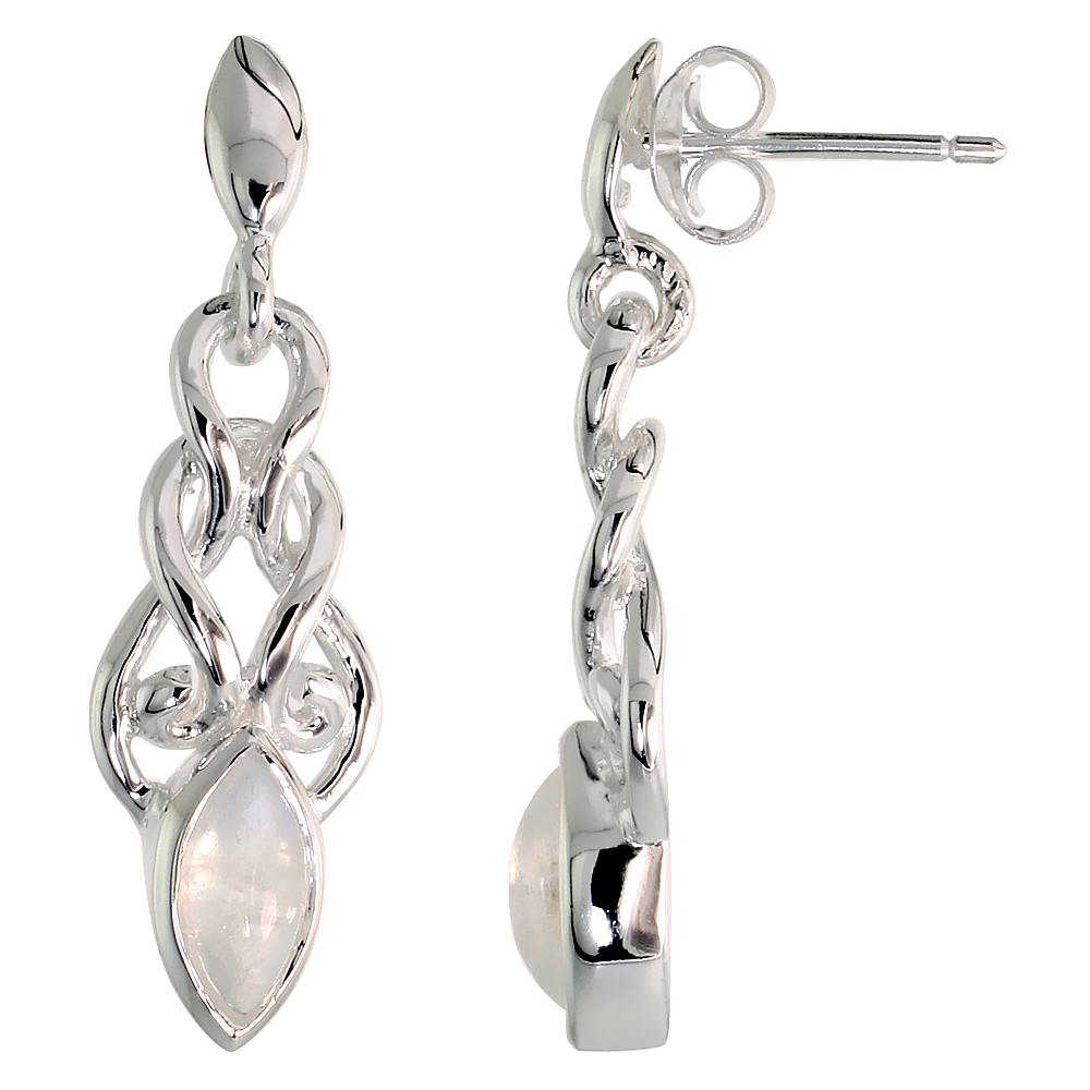 STERLING SILVER GENUINE MOONSTONE CELTIC KNOT EARRINGS, 1 1/4 INCH
